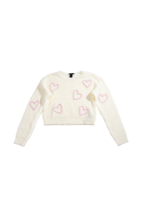 Forever21 Girls Cropped Heart Knit Sweater CREAM/PINK
