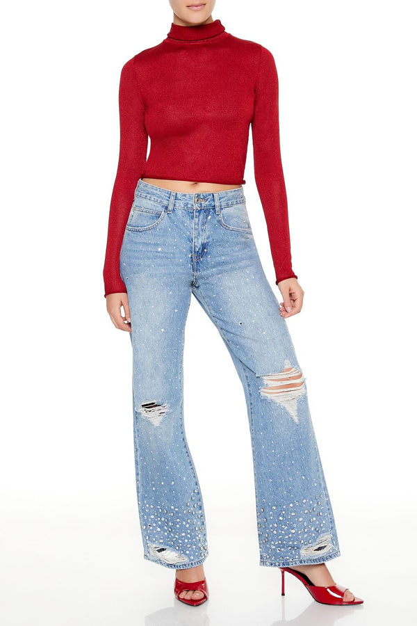 Forever21 Glitter Knit Turtleneck Crop Top DARK RED