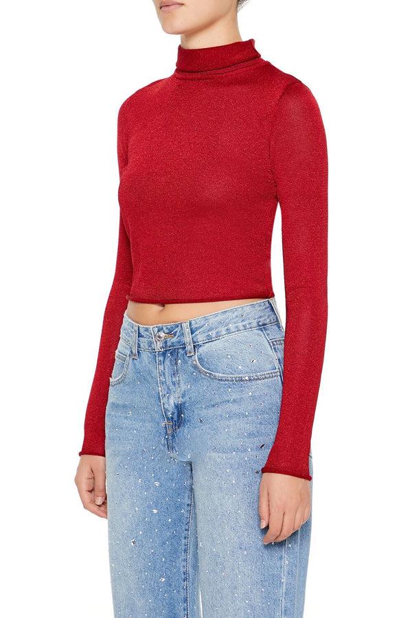 Forever21 Glitter Knit Turtleneck Crop Top DARK RED