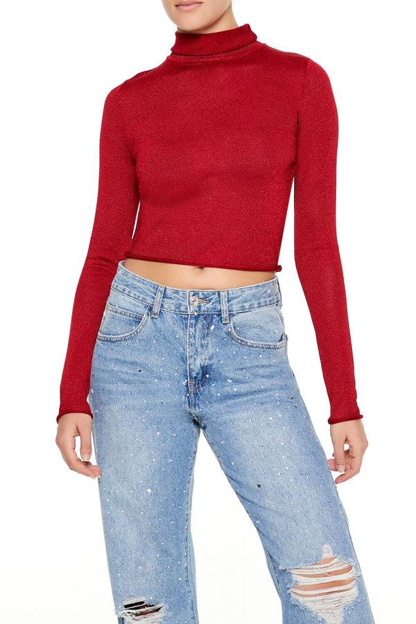 Forever21 Glitter Knit Turtleneck Crop Top DARK RED