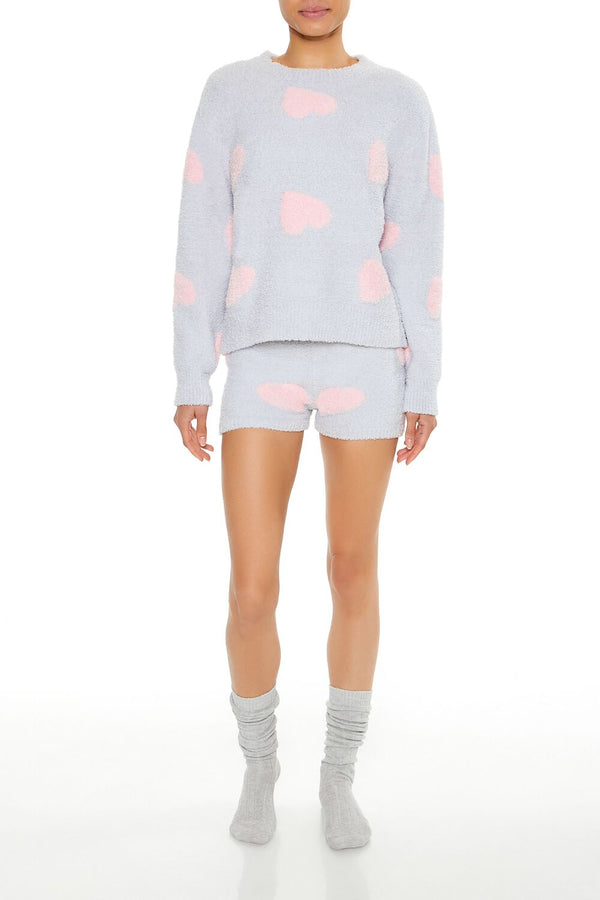 Forever21 Heart Print Pajama Sweater LIGHT GREY/PINK