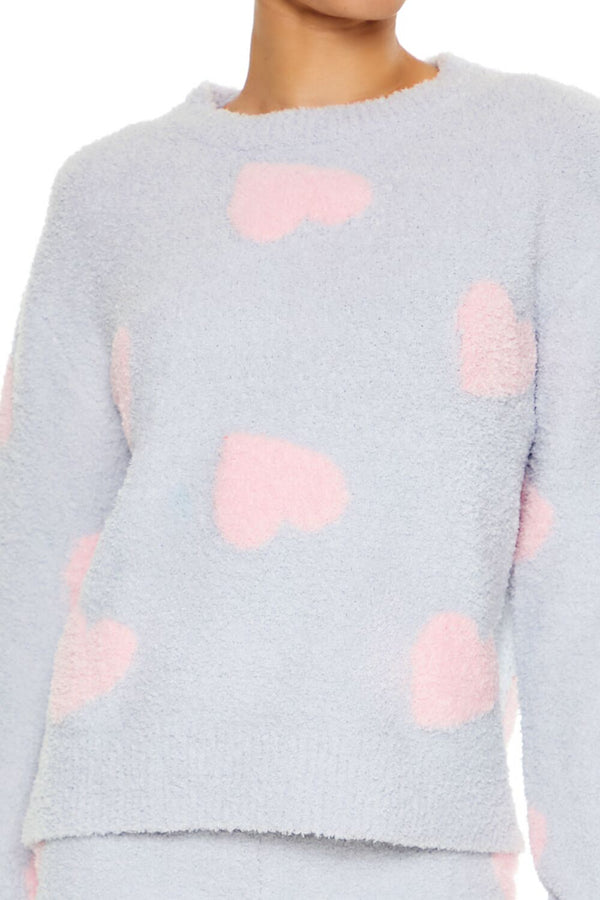Forever21 Heart Print Pajama Sweater LIGHT GREY/PINK