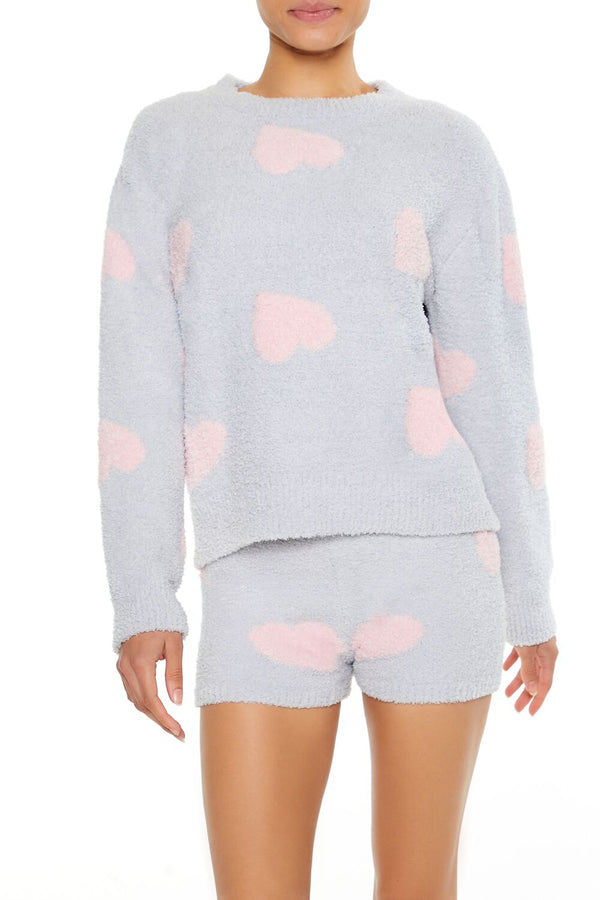 Forever21 Heart Print Pajama Sweater LIGHT GREY/PINK