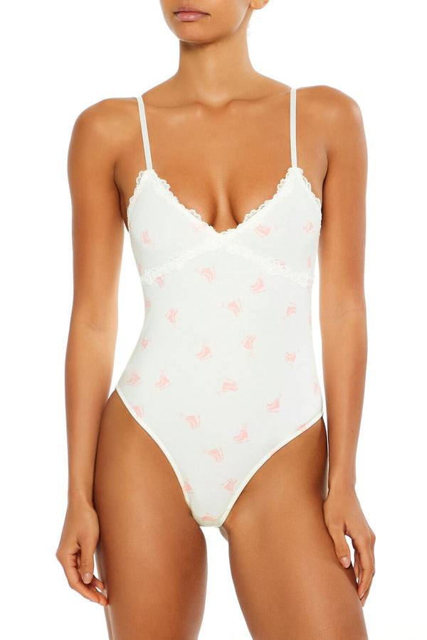 Forever21 Ice Skate Print Lingerie Bodysuit WHITE/PINK