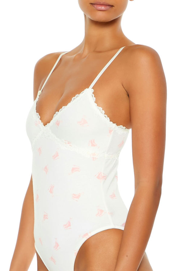 Forever21 Ice Skate Print Lingerie Bodysuit WHITE/PINK