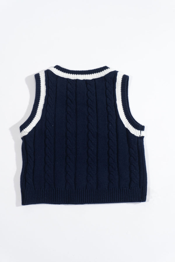Forever21 Kids Varsity Cable-Knit V-Neck Vest DARK BLUE/WHITE