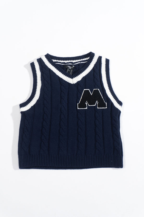 Forever21 Kids Varsity Cable-Knit V-Neck Vest DARK BLUE/WHITE