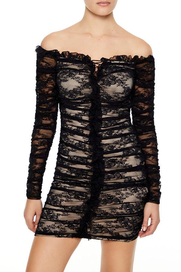 Forever21 Lace Off-the-Shoulder Mini Dress BLACK/NUDE