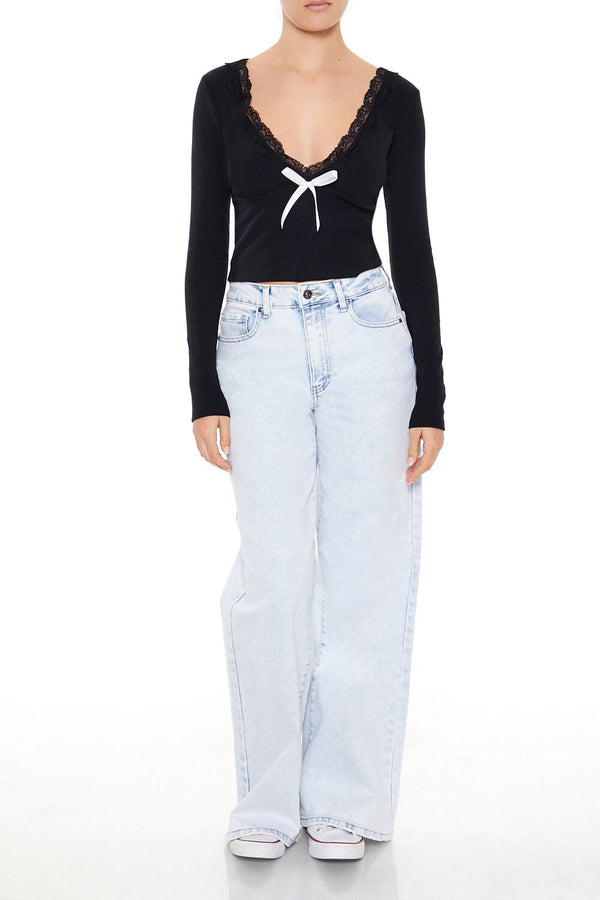 Forever21 Lace-Trim Plunging Bow Crop Top BLACK/WHITE