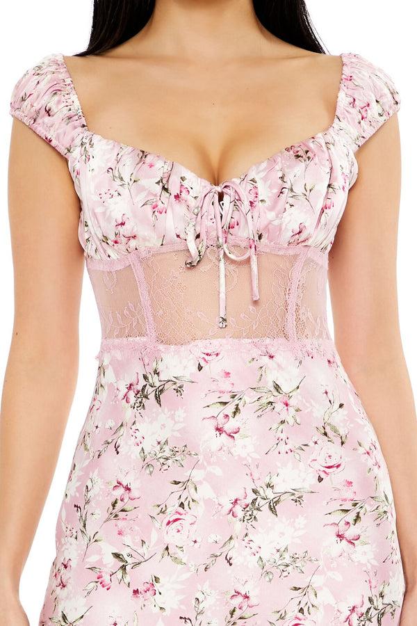 Forever21 Lace-Trim Satin Floral Maxi Dress PINK/MULTI