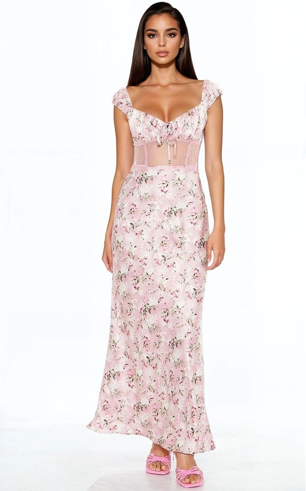 Forever21 Lace-Trim Satin Floral Maxi Dress PINK/MULTI