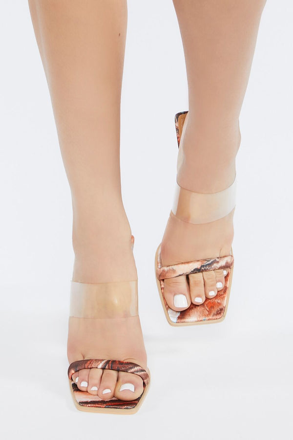 Forever21 Marble Print Open-Toe Block Heels BROWN/MULTI