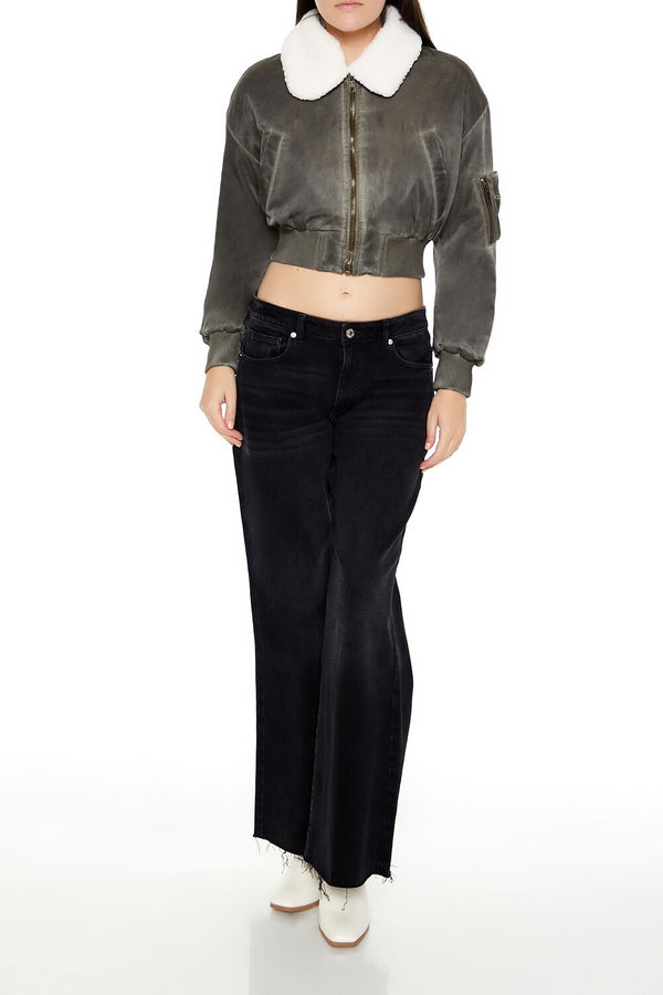Forever21 Oil Wash Cropped Bomber Jacket DARK BROWN