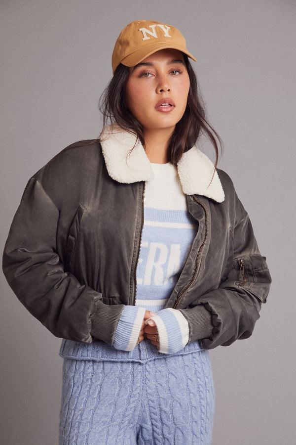 Forever21 Oil Wash Cropped Bomber Jacket DARK BROWN