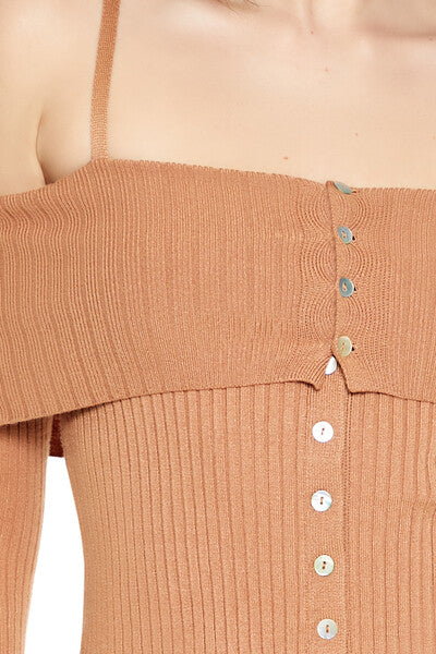 Forever21 Open-Shoulder Sweater-Knit Crop Top CAMEL