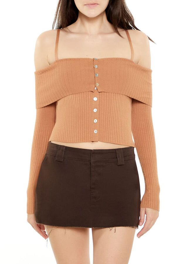 Forever21 Open-Shoulder Sweater-Knit Crop Top CAMEL