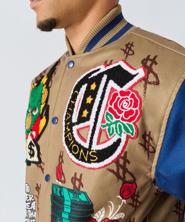 Forever21 Paper Chaser Chenille Patched Varsity Jacket - Khaki KHAKI