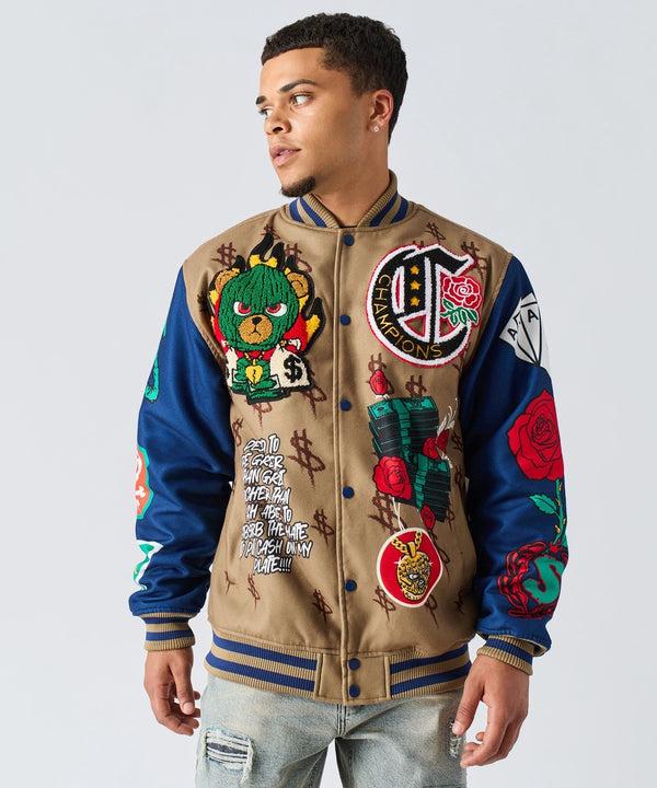 Forever21 Paper Chaser Chenille Patched Varsity Jacket - Khaki KHAKI