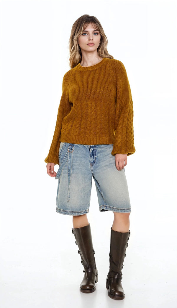 Forever21 Peasant-Sleeve Cable Knit Sweater ROOT BEER