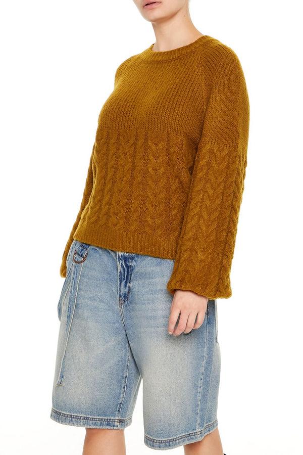 Forever21 Peasant-Sleeve Cable Knit Sweater ROOT BEER