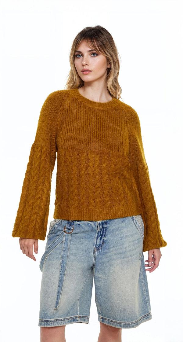 Forever21 Peasant-Sleeve Cable Knit Sweater ROOT BEER