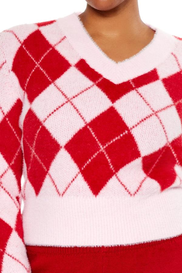 Forever21 Plus Size Argyle Cropped Sweater PINK/RED
