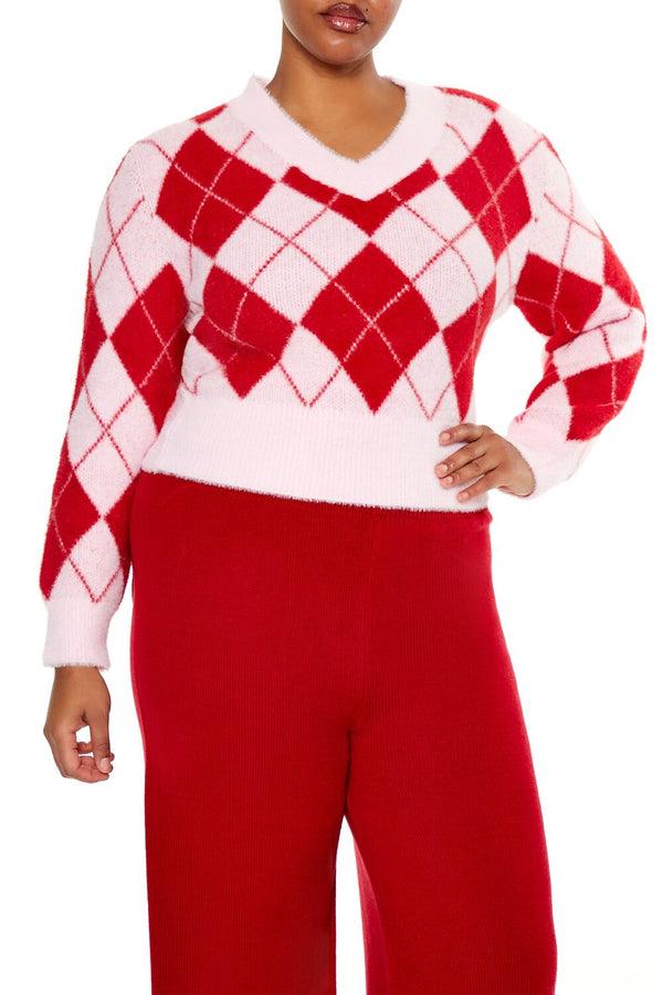 Forever21 Plus Size Argyle Cropped Sweater PINK/RED