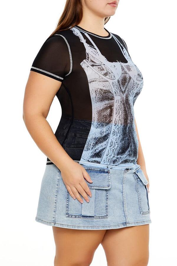 Forever21 Plus Size Bustier Graphic Baby Tee BLACK/MULTI