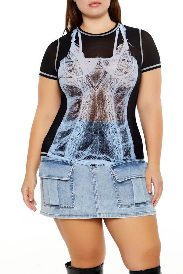 Forever21 Plus Size Bustier Graphic Baby Tee BLACK/MULTI