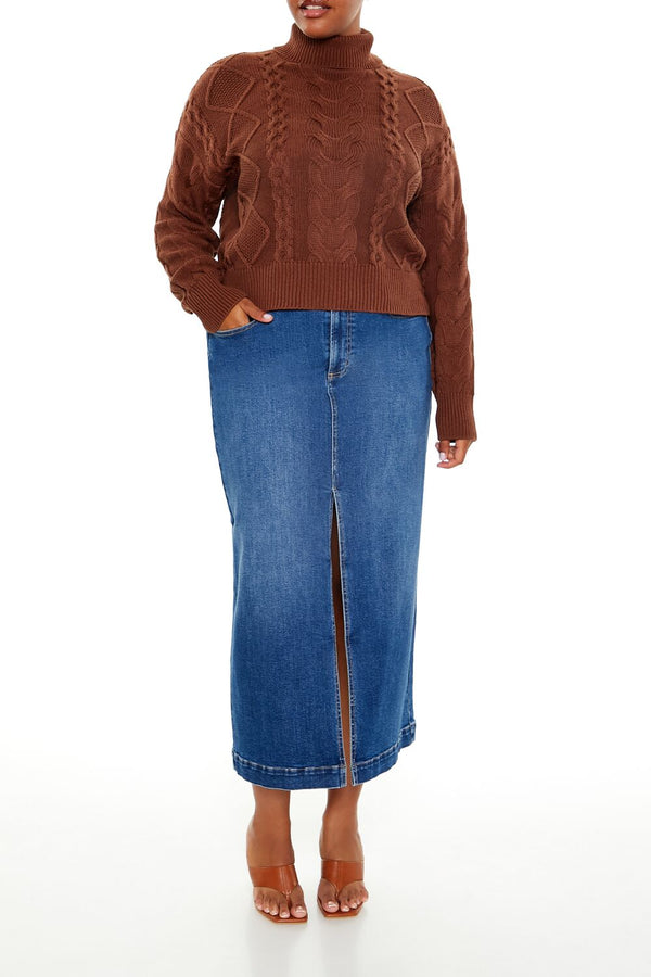 Forever21 Plus Size Cable Knit Turtleneck Sweater BROWN