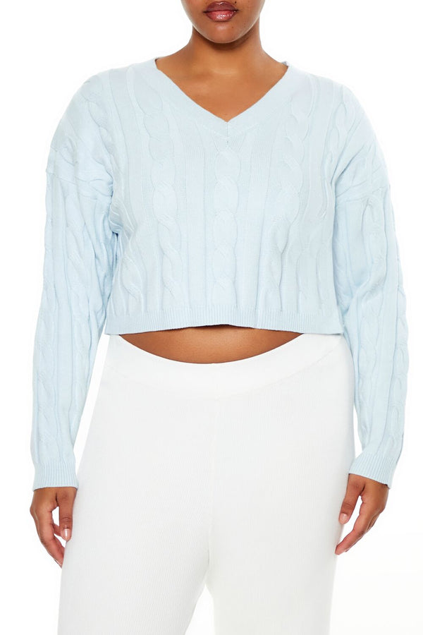 Forever21 Plus Size Cropped Cable Knit Sweater LIGHT BLUE