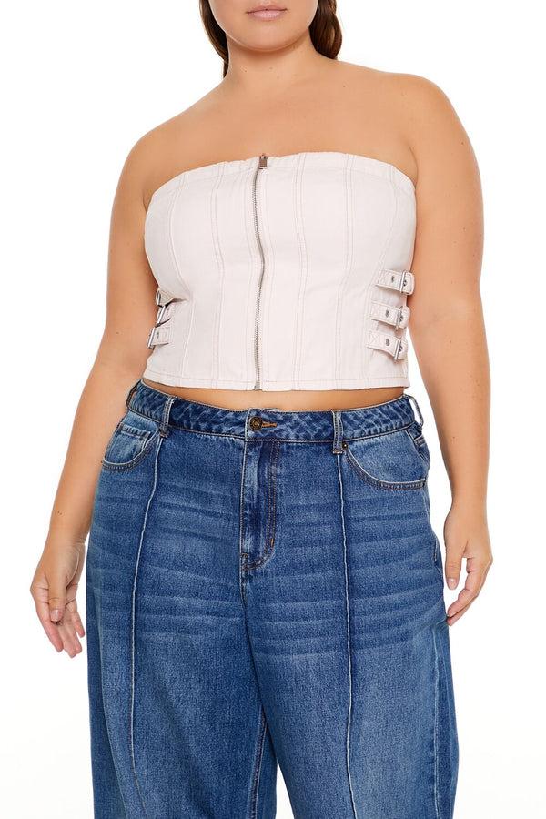 Forever21 Plus Size Denim Zip-Up Tube Top SEASHELL PINK