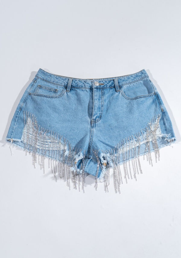 Forever21 Plus Size Distressed Rhinestone-Fringe Denim Shorts LIGHT DENIM