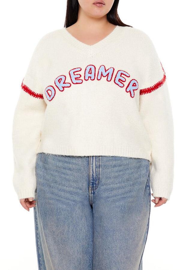 Forever21 Plus Size Dreamer Fuzzy Knit Sweater CREAM/MULTI