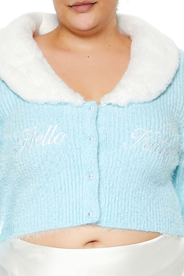 Forever21 Plus Size Faux Fur Hello Kitty Cardigan Sweater BABY BLUE/MULTI