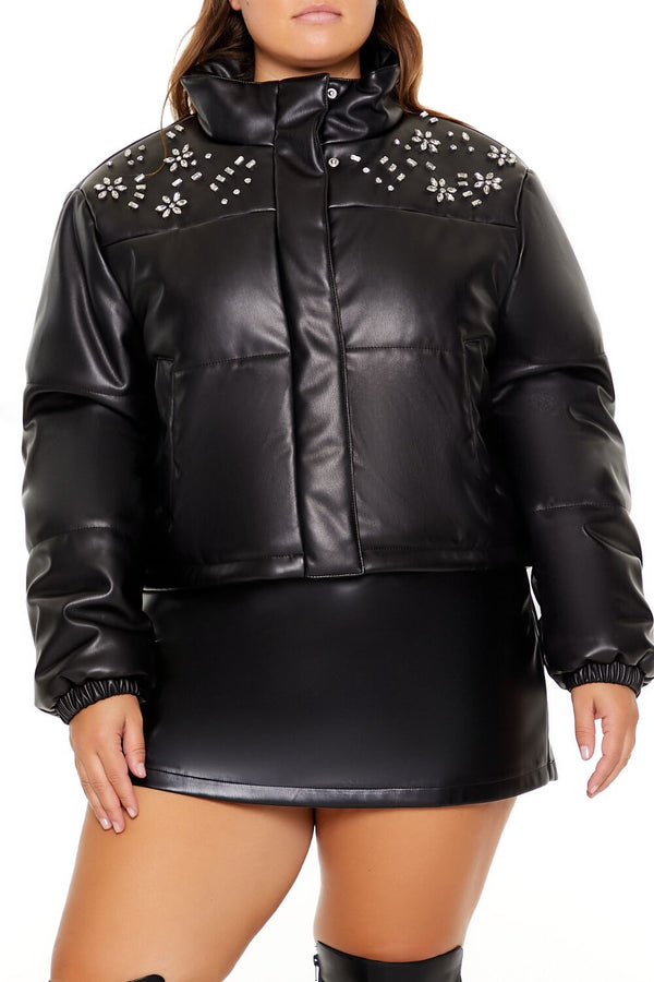 Forever21 Plus Size Faux Leather Puffer Jacket BLACK