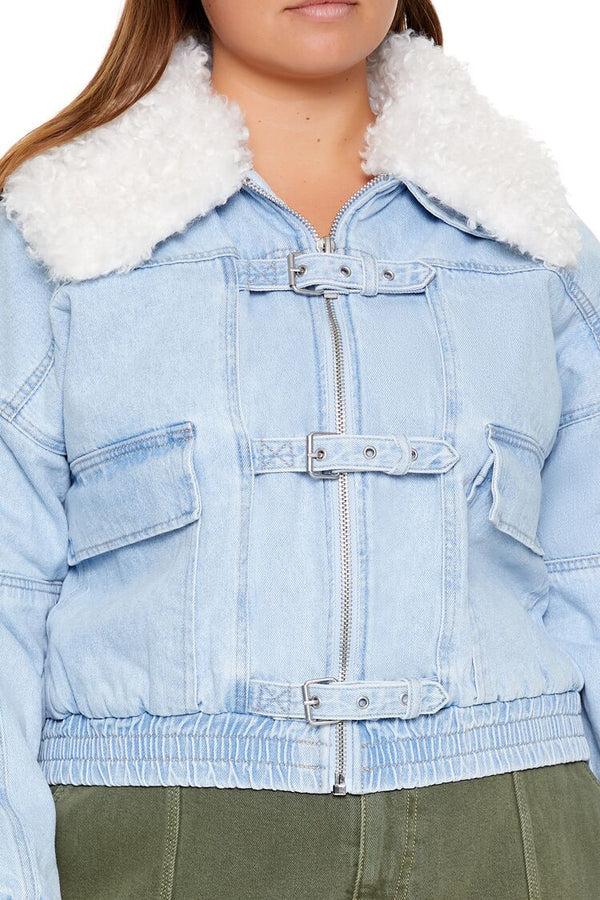 Forever21 Plus Size Faux Shearling Denim Jacket LIGHT DENIM