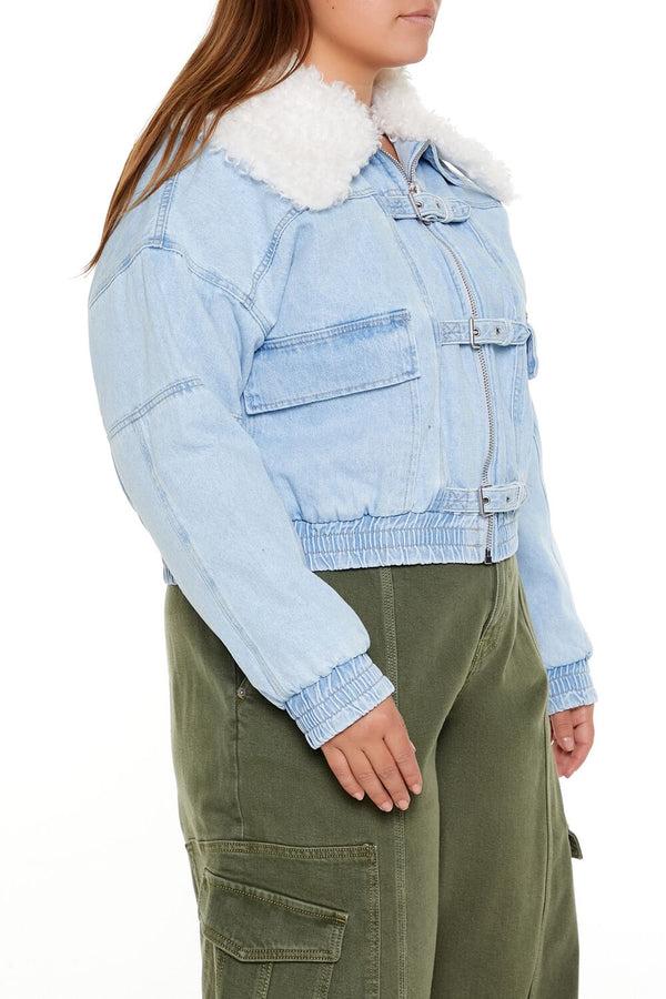 Forever21 Plus Size Faux Shearling Denim Jacket LIGHT DENIM