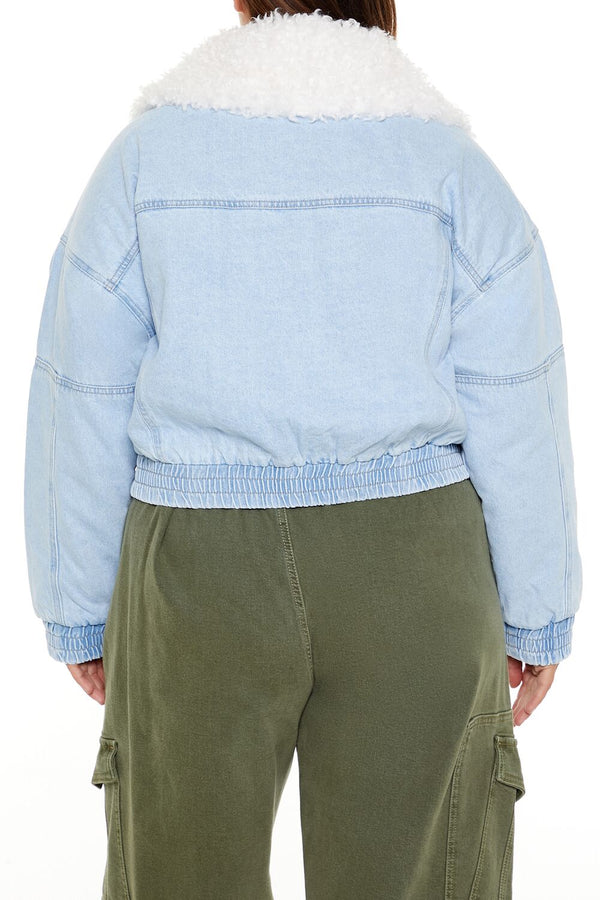 Forever21 Plus Size Faux Shearling Denim Jacket LIGHT DENIM