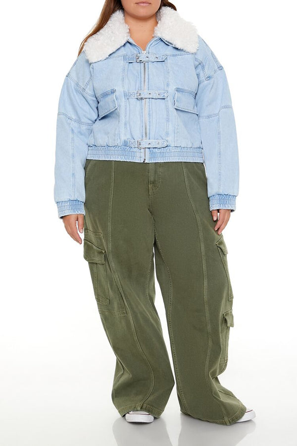 Forever21 Plus Size Faux Shearling Denim Jacket LIGHT DENIM