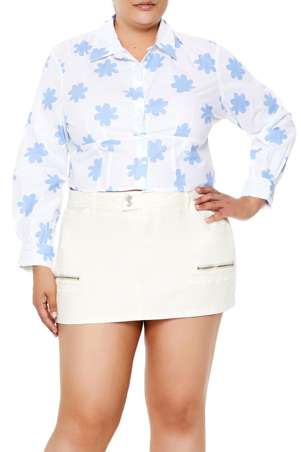 Forever21 Plus Size Floral Print Cropped Shirt WHITE/BLUE