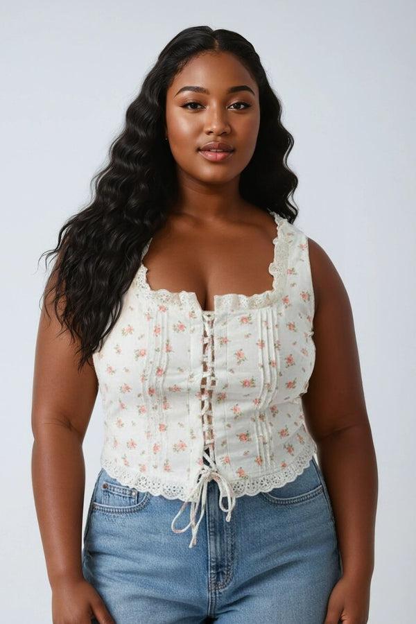 Forever21 Plus Size Floral Tie-Front Lace Trim Top CREAM/MULTI