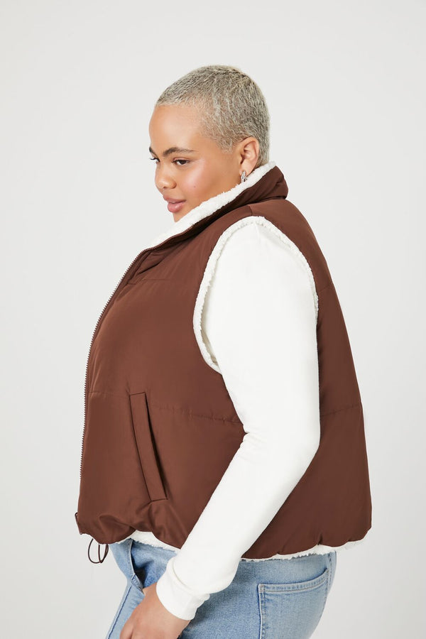 Forever21 Plus Size Reversible Faux Shearling Puffer Vest CHOCOLATE/VANILLA