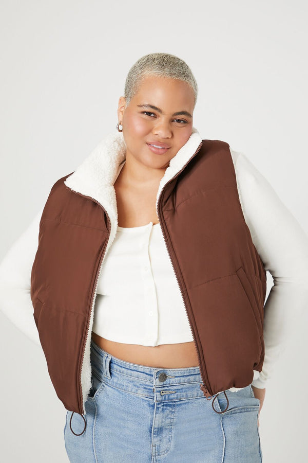 Forever21 Plus Size Reversible Faux Shearling Puffer Vest CHOCOLATE/VANILLA