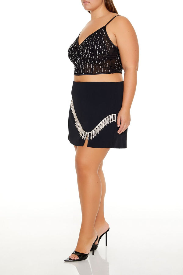 Forever21 Plus Size Rhinestone-Fringe Mini Skirt BLACK