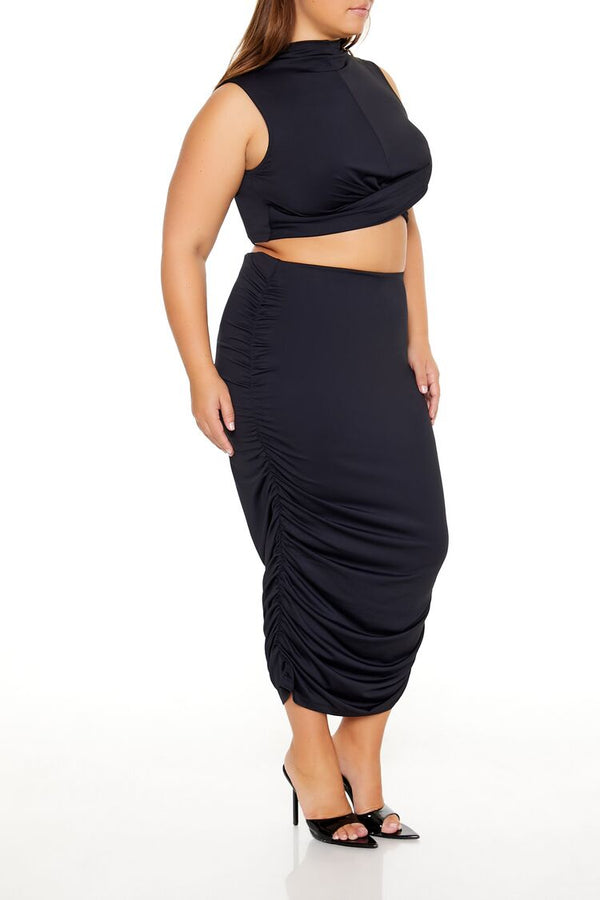 Forever21 Plus Size Ruched Crop Top & Skirt Set BLACK
