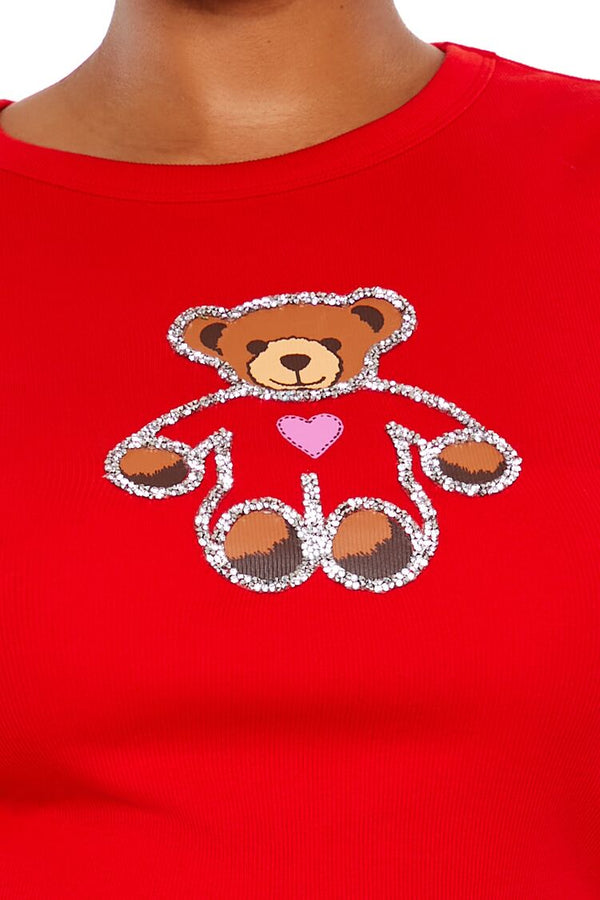 Forever21 Plus Size Sequin Teddy Bear Baby Tee RED/MULTI
