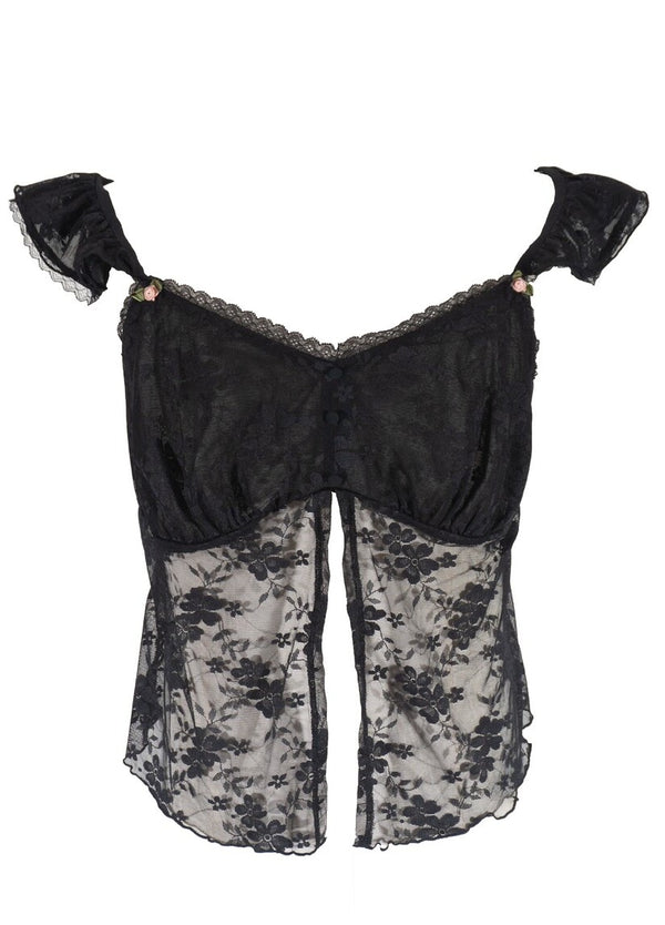 Forever21 Plus Size Sheer Cap-Sleeve Lace-Trim Top BLACK