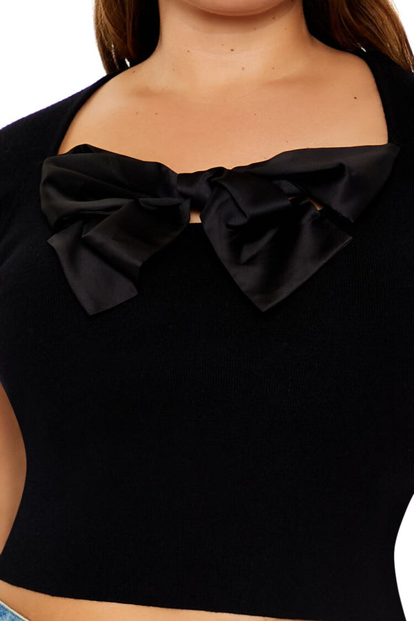 Forever21 Plus Size Sweater-Knit Bow Crop Top BLACK