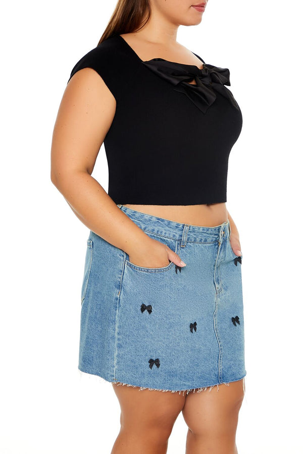 Forever21 Plus Size Sweater-Knit Bow Crop Top BLACK